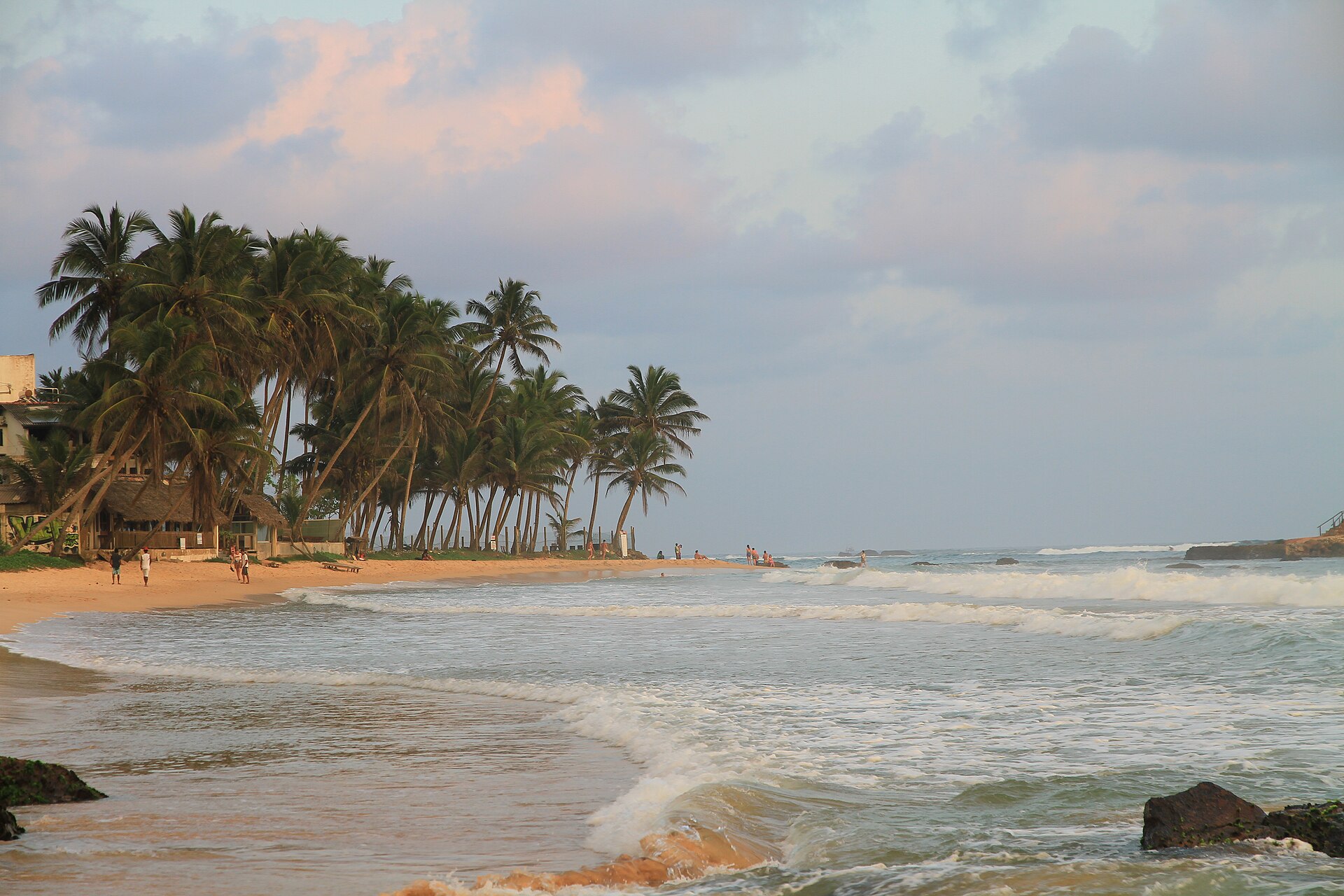 Palm-lined southern coastline of Sri Lanka in evening light