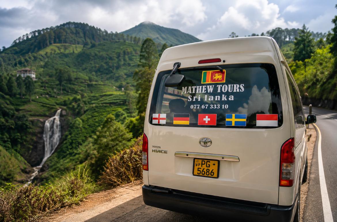 The Mathew Tours minibus on a hill-country road above a waterfall and tea slopes